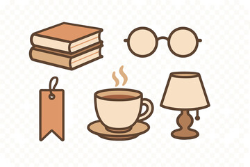 Set of cozy reading essentials with stacked books, steaming coffee, eyeglasses, and table lamp