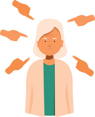 Obraz premium Sad elderly woman surrounded by pointing fingers, representing ageism, public shaming, and societal pressure
