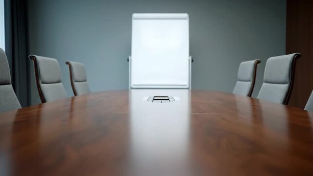 A polished conference room features a long wooden table, chairs, and a whiteboard, ready for a meeting