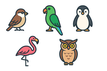Cute collection of various bird species: sparrow, parrot, penguin, flamingo, and owl