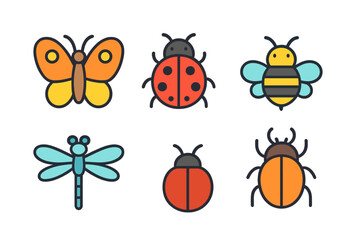Colorful set of cute insect icons featuring butterfly, ladybug, bee, and dragonfly symbols