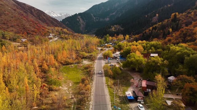 Aerial view panorama of yellow autumn forest in Almaty