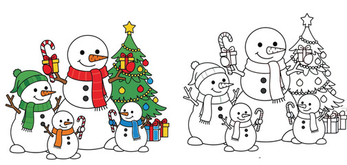  Happy Snowman Family Celebrating Christmas with Decorated Tree, Gifts, and Candy Canes - Festive Winter Scene Illustration