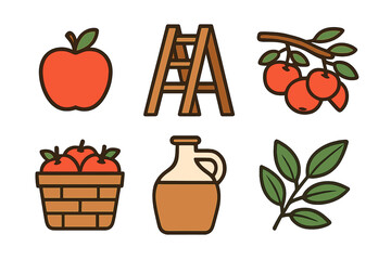 Collection of icons representing apple harvest season, including fruit, ladder, basket, and cider jug