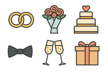Essential wedding and celebration symbols featuring rings, floral bouquet, cake, and champagne toast