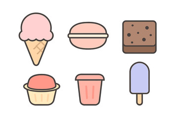 Collection of sweet desserts including ice cream, macaron, brownie, and popsicle