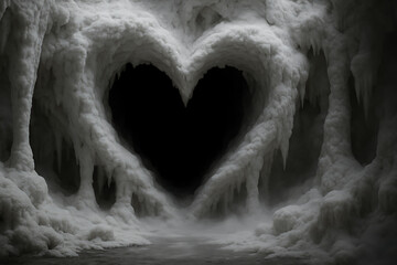 Obraz premium Mysterious icy cave with heart shaped opening surrounded by frozen textures of snow and ice formations in darkness