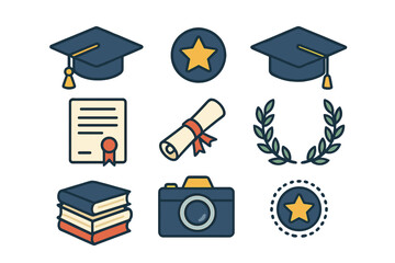 Academic success symbols set including graduation cap diploma certificate and achievement awards