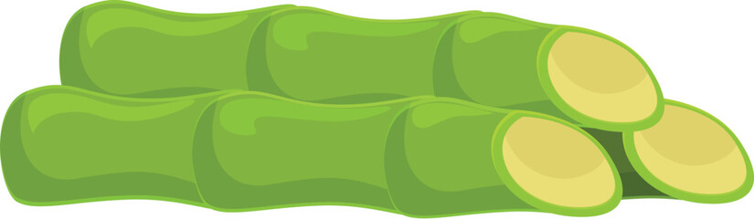 Sugarcane stalks lying next to each other, with some of them cut, showing the internal structure