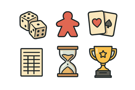 Essential board game components set including dice, meeple, cards, timer, score sheet, and trophy