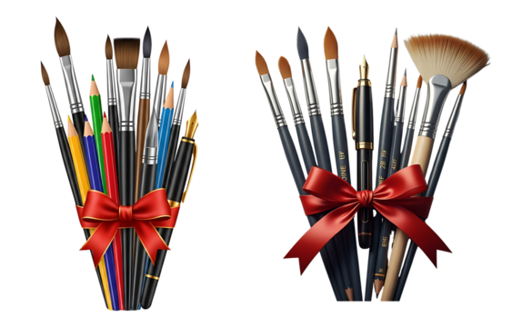 Creative art supplies assortment of colorful paint brushes tied with red ribbon for craft projects isolated on transparent background