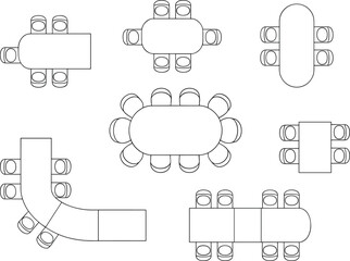 top view dining table set, modern furniture layout plan, restaurant table arrangement vector, home dining room layout, architectural cad symbols, furniture blueprint design illustration