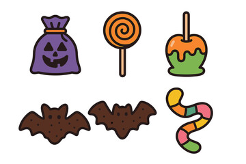 Spooky Halloween treats collection with candy, caramel apple, bats, and trick-or-treat bag