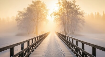 Obraz premium Snowy Wooden Bridge Leading Through Foggy Winter Landscape at Sunrise