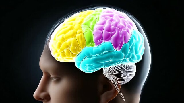 Anatomical 3D model of human brain inside head silhouette, different colored lobes, scientific medical education background