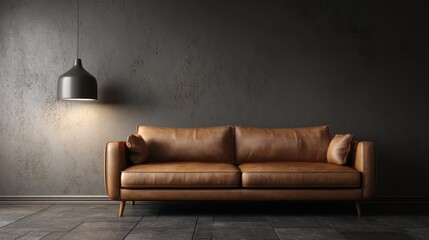 Clean minimalist room with elegant brown leather couch under warm lighting, empty wall ideal for showcasing artwork or product design