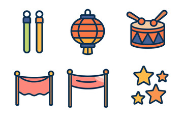 Colorful collection of festival and celebration elements: lantern, drum, banners, glow sticks, and stars