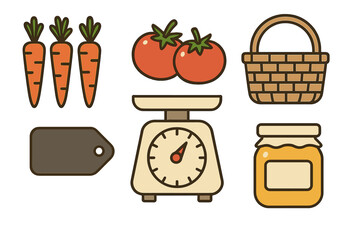 Grocery and farming items set including carrots tomatoes scale basket