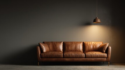 Elegant brown leather sofa illuminated by warm ambient lighting in minimalist living room mockup, empty wall space for design placement, serene atmosphere