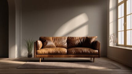 Elegant warm lit brown leather sofa centered in a cozy minimalist living room, blank background for mockup presentation, serene and refined