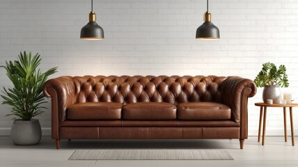 Elegant warm lit brown leather sofa centered in a cozy minimalist living room, blank background for mockup presentation, serene and refined
