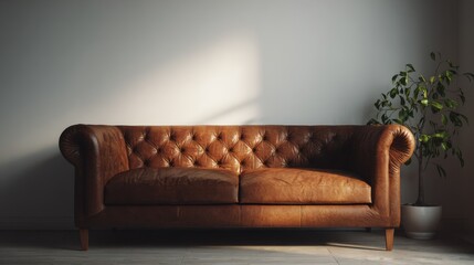 Elegant warm lit brown leather sofa centered in a cozy minimalist living room, blank background for mockup presentation, serene and refined