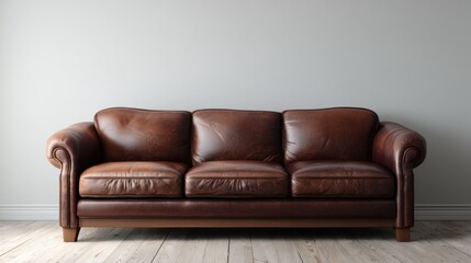 Luxurious brown leather sofa centered in a simple, softly lit interior, spacious blank wall ideal for mockup or artwork display, clean home decor