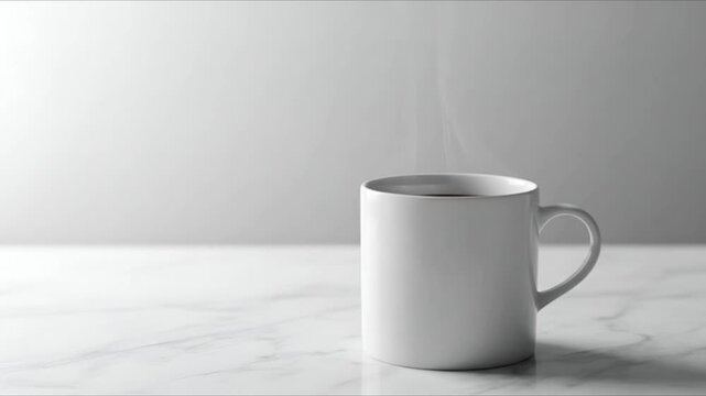 Steam rising from white ceramic mug on marble background