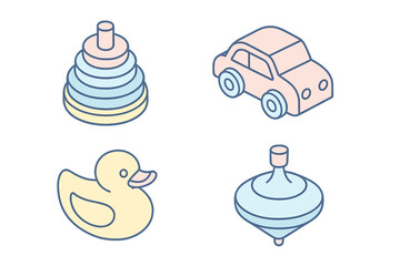 Pastel colored isometric set of classic baby toys: stacking rings, rubber duck, toy car, and spinning top