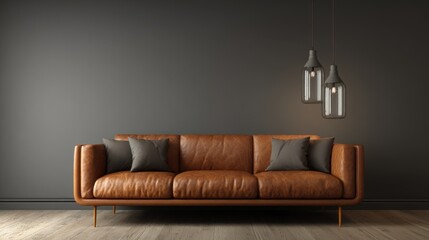 Minimalist living room with brown leather sofa under warm lighting, elegant clean space, blank wall perfect for graphic mockup, modern and cozy style
