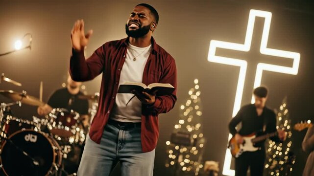 Black man worshiping with a bible while musicians play on stage, modern protestant Christianity concept, praising service video.