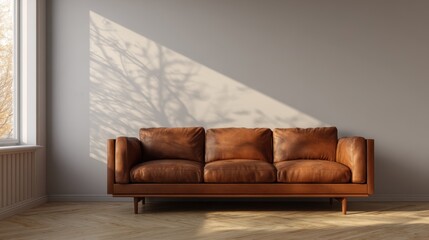 Warm cozy living room interior with brown leather sofa, natural sunlight casting shadows, simple blank wall mockup for creative display