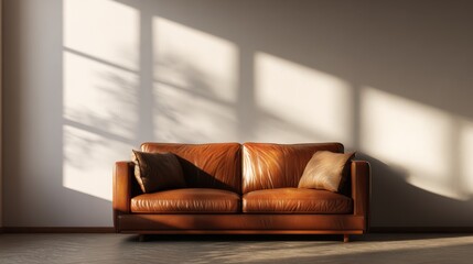 Warm cozy living room interior with brown leather sofa, natural sunlight casting shadows, simple blank wall mockup for creative display
