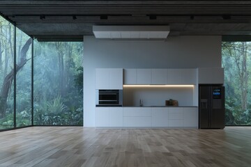 Fototapeta premium Modern kitchen with large windows overlooking a lush forest.