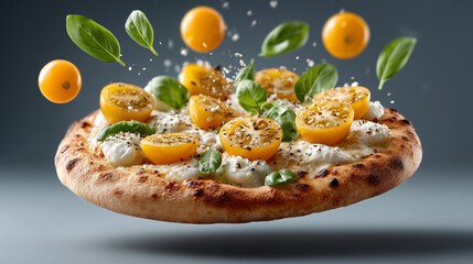 A fresh Neapolitan pizza with white cheese yellow tomatoes and basil leaves levitating against a grey background., isolate on white background