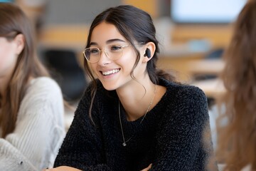 Student wearing hearing aid engages in classroom discussion Generative AI