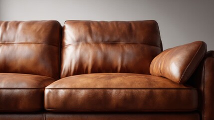 Warm light over classic brown leather couch with smooth texture, white background for easy product mockup, inviting modern living room vibe
