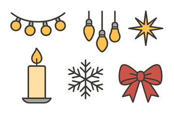 Festive winter holiday symbols set including string lights, burning candle, snowflake, and decorative bow