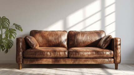 Warm light over classic brown leather couch with smooth texture, white background for easy product mockup, inviting modern living room vibe