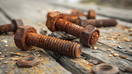 An extreme close-up of rusted nuts and bolts scattered on a rough, weathered surface—perhaps aged concrete or splintered wood—each fastener heavily corroded with rich orange-red iron oxide