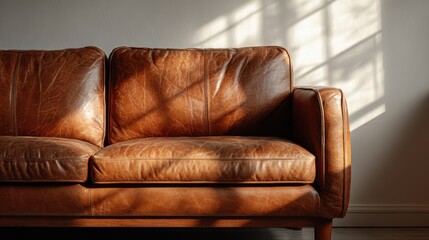 Warm light over classic brown leather couch with smooth texture, white background for easy product mockup, inviting modern living room vibe