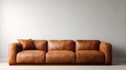 Warm lit brown leather sofa against a clean neutral wall, cozy modern interior mockup for branding or artwork, soft daylight, minimal home decor, no text, no logo