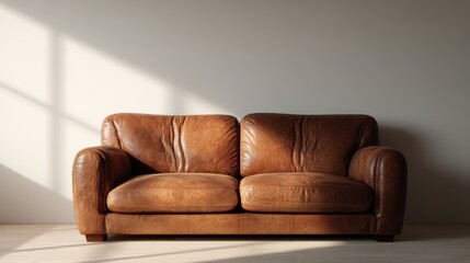 Warm lit brown leather sofa against a clean neutral wall, cozy modern interior mockup for branding or artwork, soft daylight, minimal home decor, no text, no logo