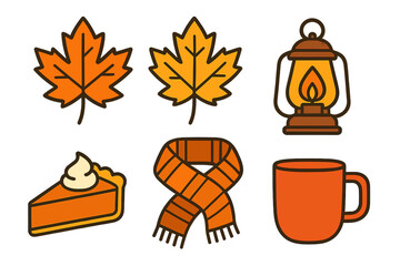 Cozy autumn icons: maple leaves, warm scarf, lantern, pumpkin pie, and hot beverage mug