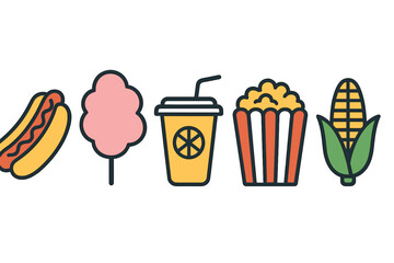 Colorful flat design icons of fairground snacks and treats including hot dogs, popcorn, and sweet drinks