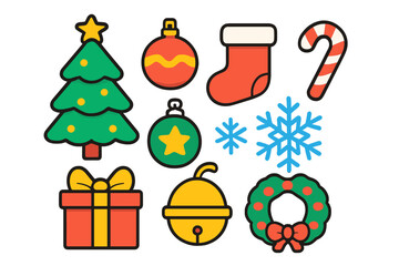 Colorful Christmas and winter holiday symbols set including tree ornaments stocking and snowflakes
