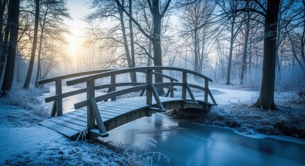 Winter Scene Wooden Bridge Over Frozen Stream in Snowy Forest at Sunrise