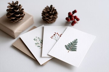 Set of illustrated holiday greeting cards featuring winter designs