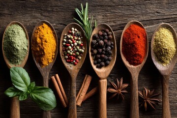 Assorted Natural Seasonings and Dried Herbs on Rustic Table