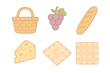 Collection of essential picnic items including woven basket, grapes, baguette, cheese, and checkered blanket